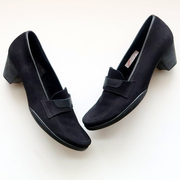 ARCHE Black Nubuck Leather Block Heel Loafers / Slip-on Comfort Shoes Size 9